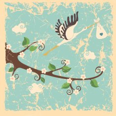 Vintage cartoon flowering branch stork newborn baby boy