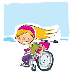Happy cartoon smiling blonde girl in magenta wheelchair moving fast