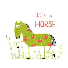 Childish Colorful Fun Cartoon Horse in Grass Field