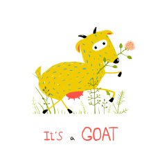 Childish Colorful Fun Cartoon Goat Eating Flower