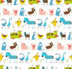 Bright Fun Cartoon Farm Domestic Animals Seamless Background N2