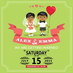 Wedding invitation with cartoon Indian baby bride and groom
