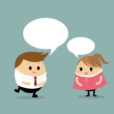 vector of businessman and woman with bubble speech for conversation