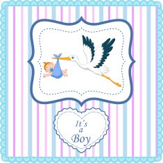 Cartoon stork with baby boy card N8
