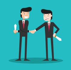 two-faced guys shaking hands in the business world