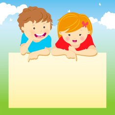 Two Happy Kids Pointing at Signboard