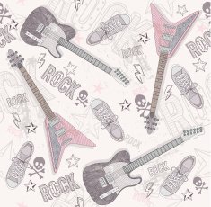 Seamless pattern with guitars shoes skulls text and stars