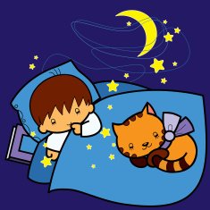 cartoon boy and cat sleeping in bed at night