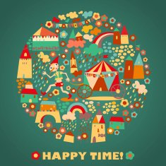 Children's round background with multi-colored houses Happy time