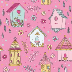 Cute Bird House Background - Seamless Pattern