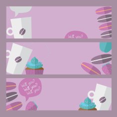 banners with coffee cups macaroon and cupcakes