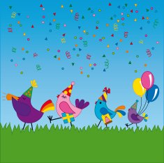 Birds going to a birthday party