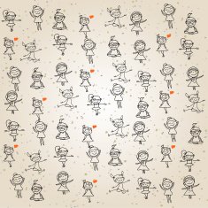 set of hand drawing cartoon kids playing