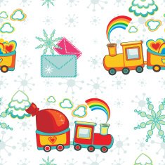 Christmas happy pattern of cartoon train with gifts vector
