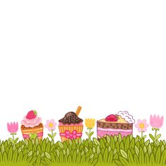 Happy Birthday card with fresh grass and cupcakes