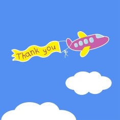 Cartoon violet plane Ribbon with words Thank you Card