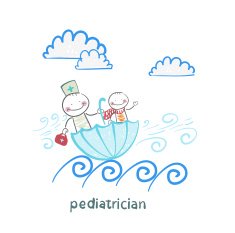 pediatrician with baby sitting in an umbrella