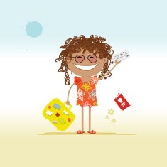 Happy tourist with tickets and suitcase for your design N2