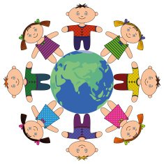 Children standing around Earth