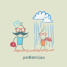 pediatrician talking to a sick child in the rain
