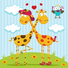 giraffes boy girl and bird