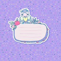 Label with a little bird on seamless polka dot pattern