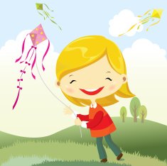 Happy girl playing kite in the field under blue sky