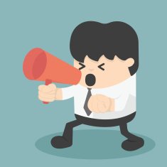 businessman with clenched fist screaming into a megaphone N2