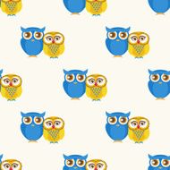 Cute seamless pattern with owls couple Blue and yellow owls