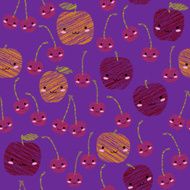 Smiling cherry and apple background Seamless pattern with scratched fruits