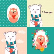 Set of concept romantic cards with cute funny characters