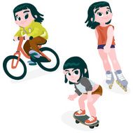 Little girl on a bike rollerblading skateboarding