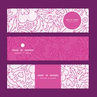 Vector pink flowers lineart horizontal banners set pattern background