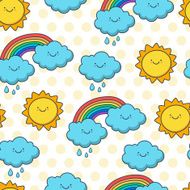 Funny sketching sun cloud and rainbow Vector seamless cartoon pattern
