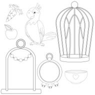 Parrot With Different Toys And Accessories Coloring Book Page