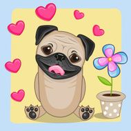 Pug Dog with heart and flower