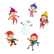 Winter Little girl snowman Christmas boy snow children vector set N4