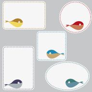 set of five empty tags with cute happy whales