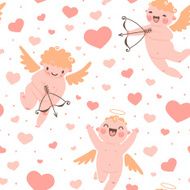 Valentines Day romantic seamless pattern with cute cupid and hearts N4