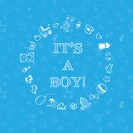 Vector baby shower design over blue background with seamless pattern