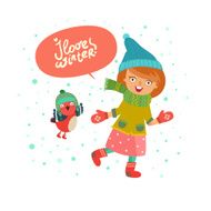 Winter card with cute little girl and bullfinch