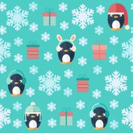 Christmas flat seamless pattern with gifts and penguins N2