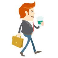 Hipster office man walking and holding coffee brief case