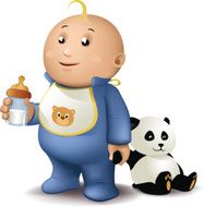 baby with biberon and panda peluches