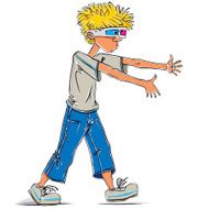 Funny teen boy wearing 3d glasses and disorientated vector cartoon