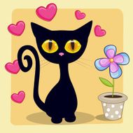 Black kitten with heart and flower