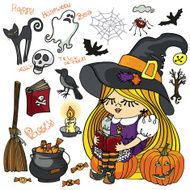 Halloween Witch girl reading spooky elements set