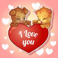 Cute puppy and kitten with hearts for Valentine&#039;s Day