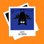 Instant photo with bat on blue background Halloween card Flat