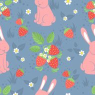 Rabbits and wild strawberries seamless pattern N2